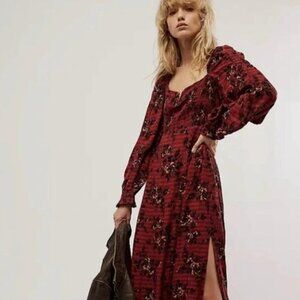 Free People Burgundy Floral Long Sleeve Maxi Dress